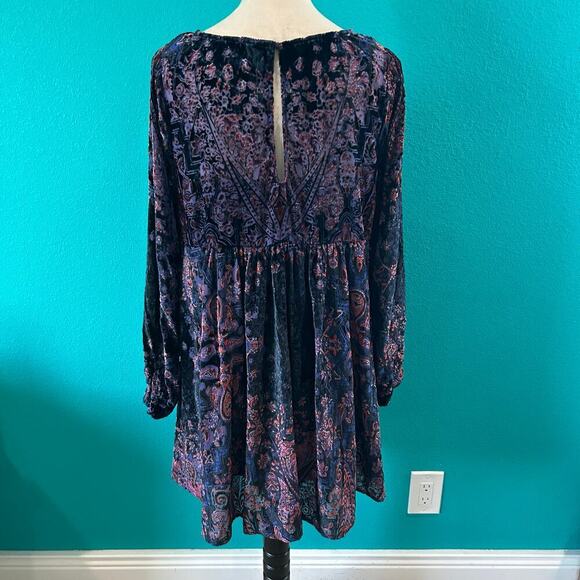 Free People Mirror Velvet Paisley Mini Dress Purple Black Babydoll Peasant Sz S - Picture 5 of 8